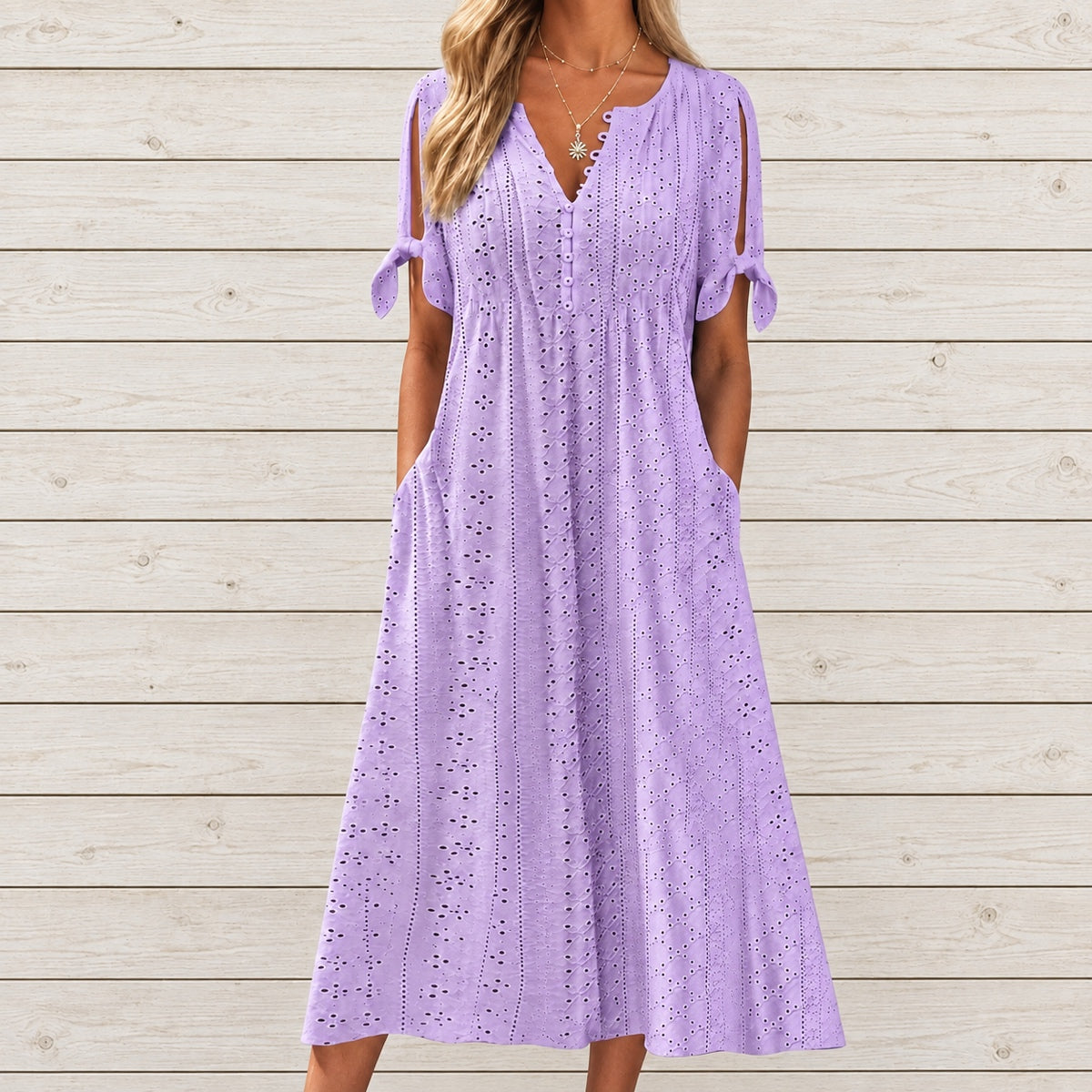Vestido de Renda Jana - Gola em V de Manga Curta (Verão 2026)